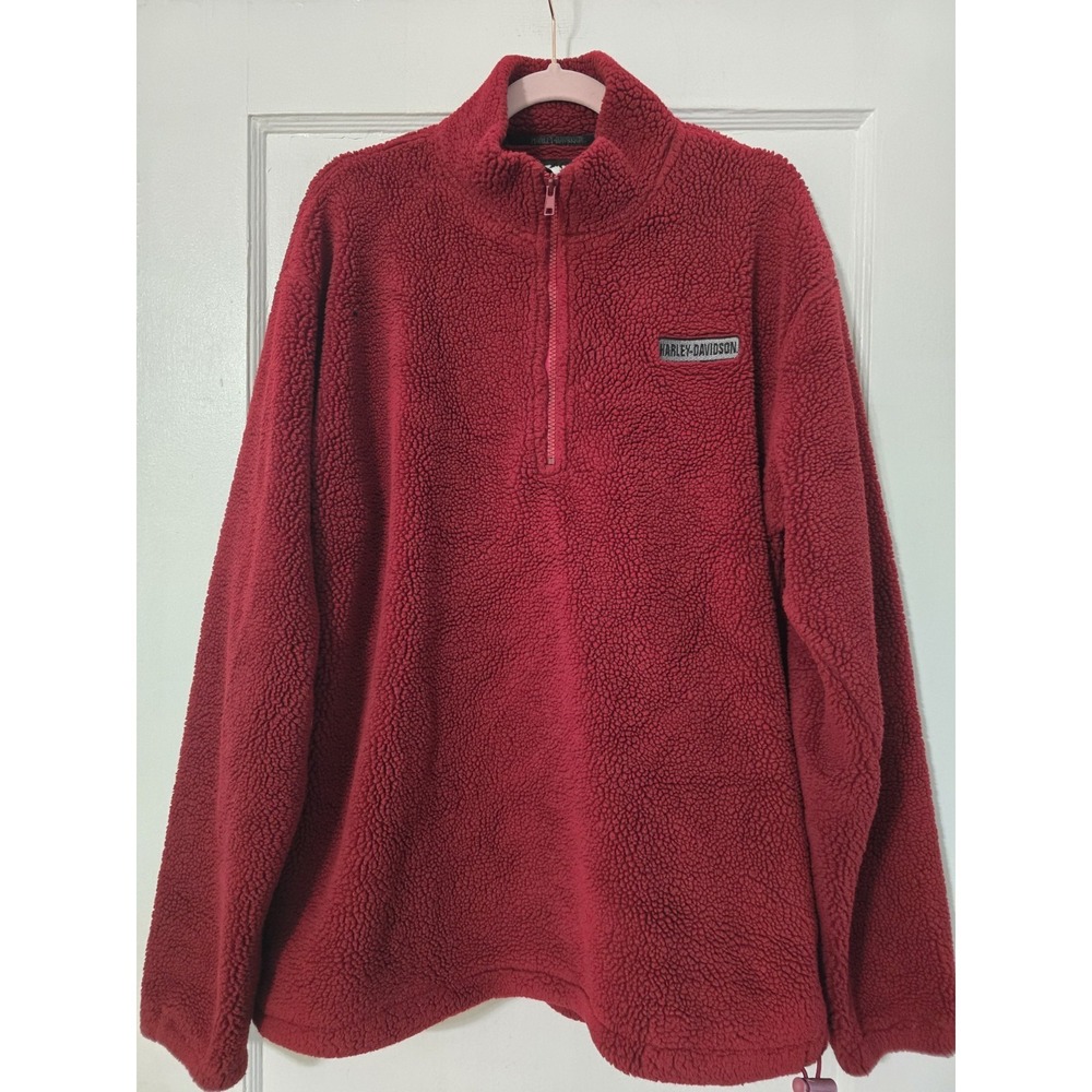 Harley Davidson Red Pullover 1/4‎ Zip L Men's Long Sleeve Fuzzy Shaggy  Sweater